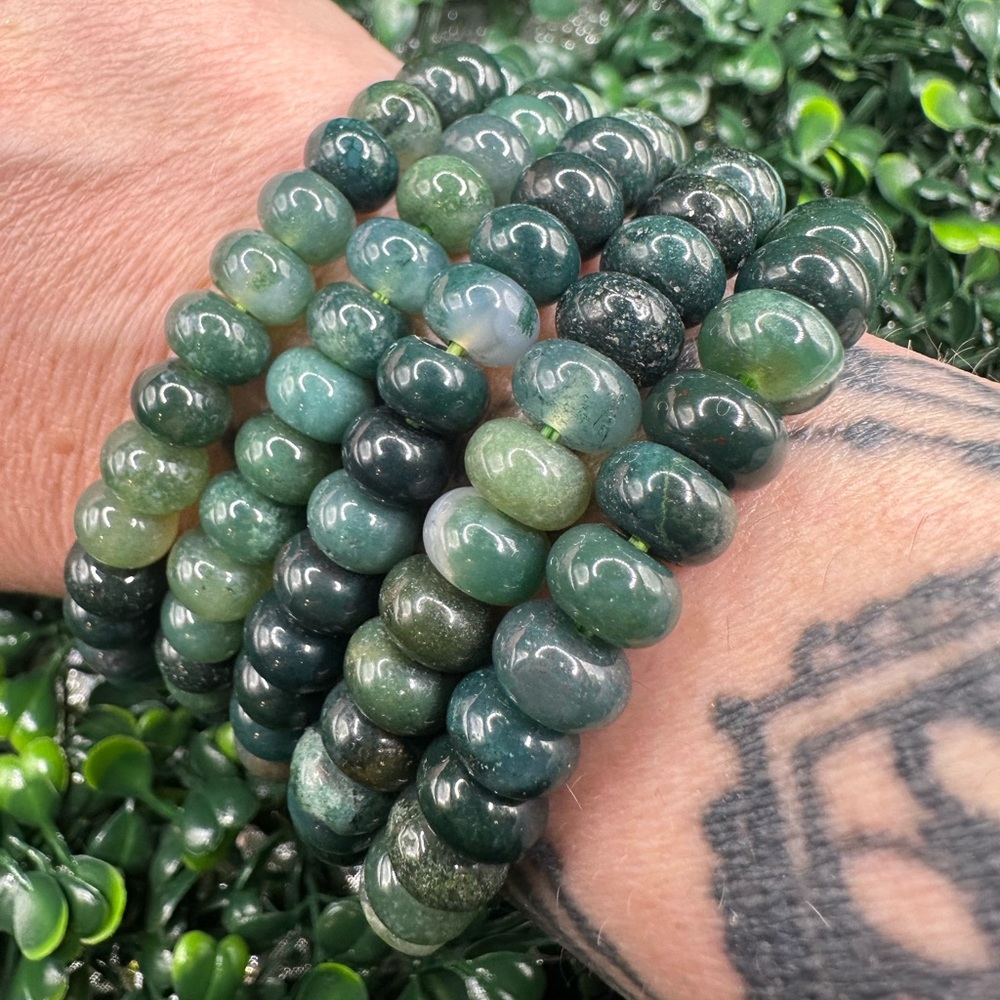 8.5mm Dark Moss Agate Donut Beaded Bracelet